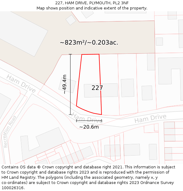 227, HAM DRIVE, PLYMOUTH, PL2 3NF: Plot and title map