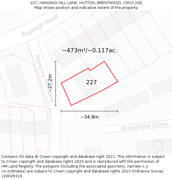 227, HANGING HILL LANE, HUTTON, BRENTWOOD, CM13 2QE: Plot and title map