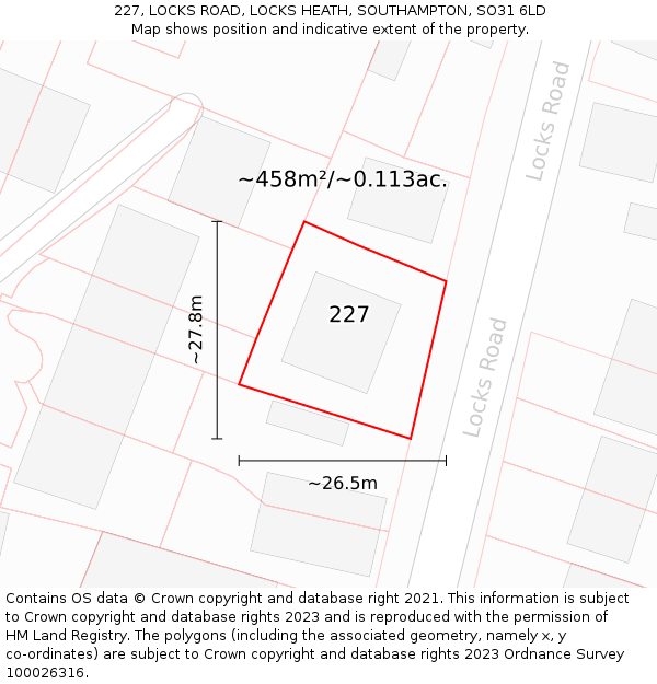 227, LOCKS ROAD, LOCKS HEATH, SOUTHAMPTON, SO31 6LD: Plot and title map