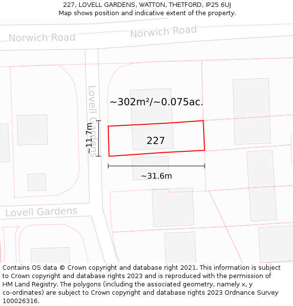 227, LOVELL GARDENS, WATTON, THETFORD, IP25 6UJ: Plot and title map