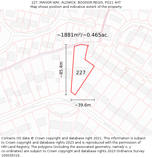 227, MANOR WAY, ALDWICK, BOGNOR REGIS, PO21 4HT: Plot and title map