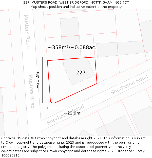 227, MUSTERS ROAD, WEST BRIDGFORD, NOTTINGHAM, NG2 7DT: Plot and title map