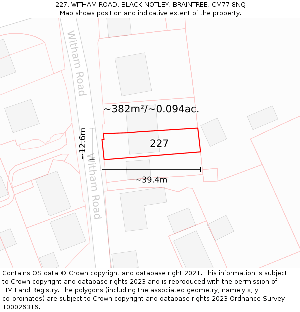 227, WITHAM ROAD, BLACK NOTLEY, BRAINTREE, CM77 8NQ: Plot and title map