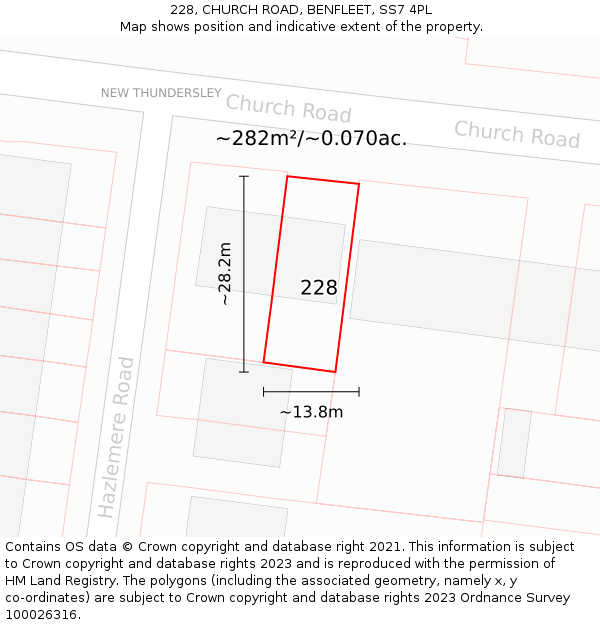 228, CHURCH ROAD, BENFLEET, SS7 4PL: Plot and title map