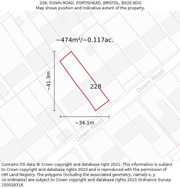 228, DOWN ROAD, PORTISHEAD, BRISTOL, BS20 8DG: Plot and title map