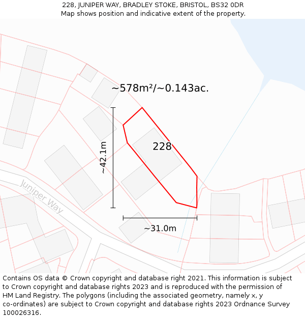 228, JUNIPER WAY, BRADLEY STOKE, BRISTOL, BS32 0DR: Plot and title map