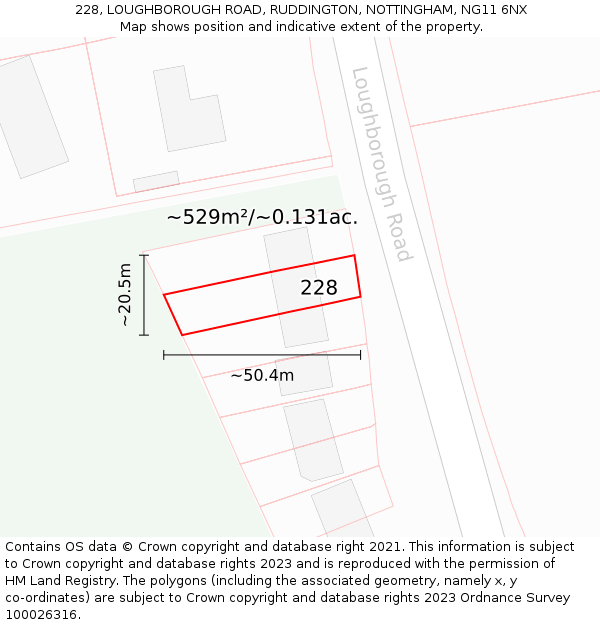 228, LOUGHBOROUGH ROAD, RUDDINGTON, NOTTINGHAM, NG11 6NX: Plot and title map