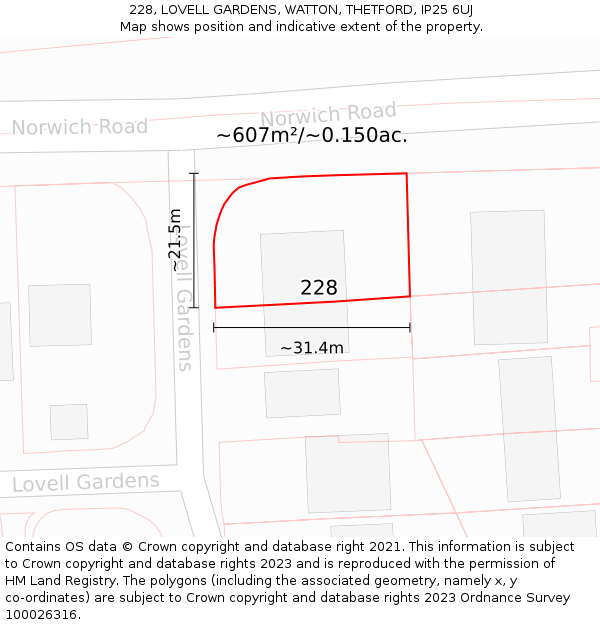 228, LOVELL GARDENS, WATTON, THETFORD, IP25 6UJ: Plot and title map