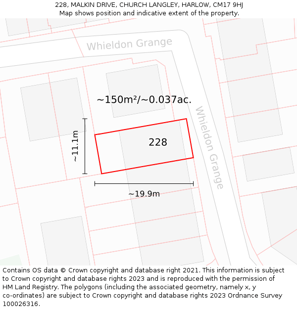 228, MALKIN DRIVE, CHURCH LANGLEY, HARLOW, CM17 9HJ: Plot and title map