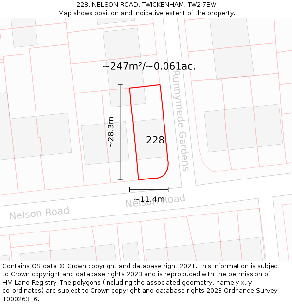 228, NELSON ROAD, TWICKENHAM, TW2 7BW: Plot and title map