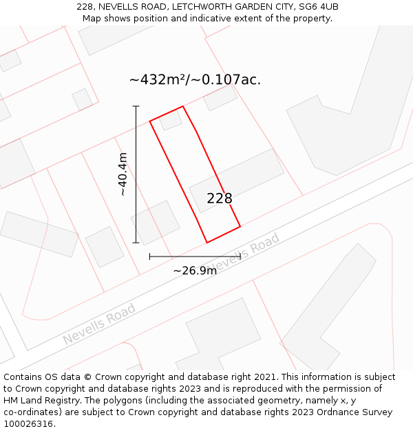 228, NEVELLS ROAD, LETCHWORTH GARDEN CITY, SG6 4UB: Plot and title map