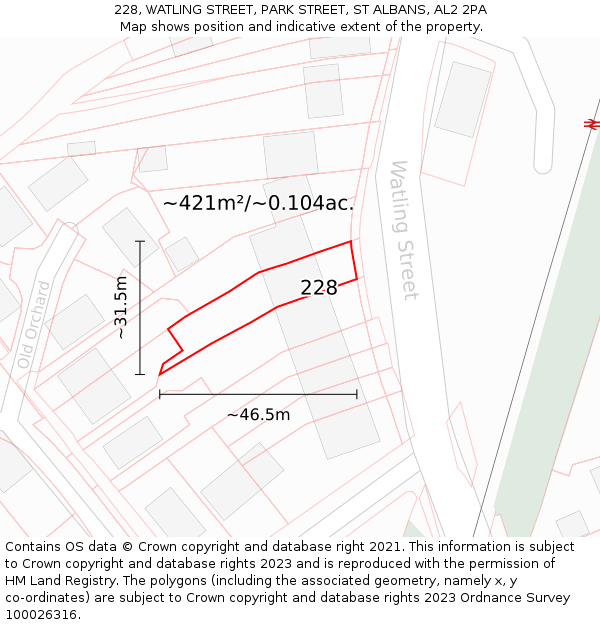 228, WATLING STREET, PARK STREET, ST ALBANS, AL2 2PA: Plot and title map