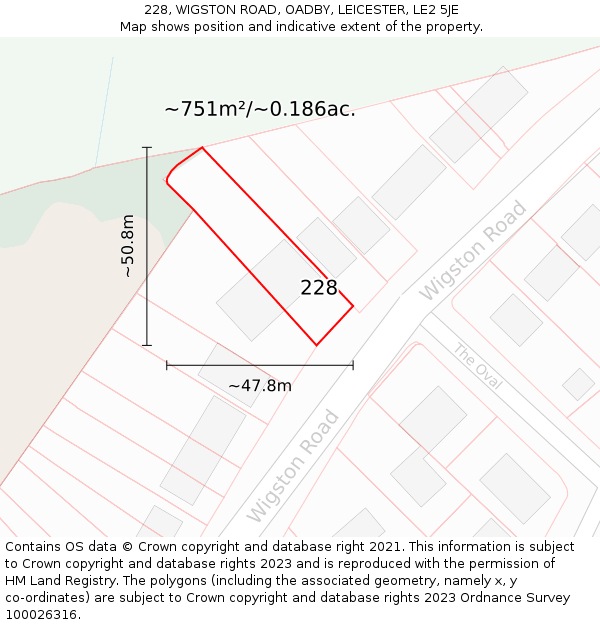 228, WIGSTON ROAD, OADBY, LEICESTER, LE2 5JE: Plot and title map