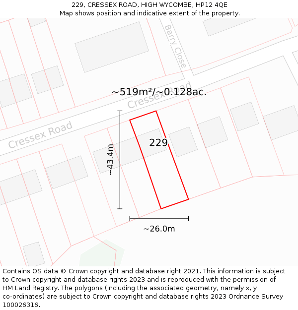 229, CRESSEX ROAD, HIGH WYCOMBE, HP12 4QE: Plot and title map