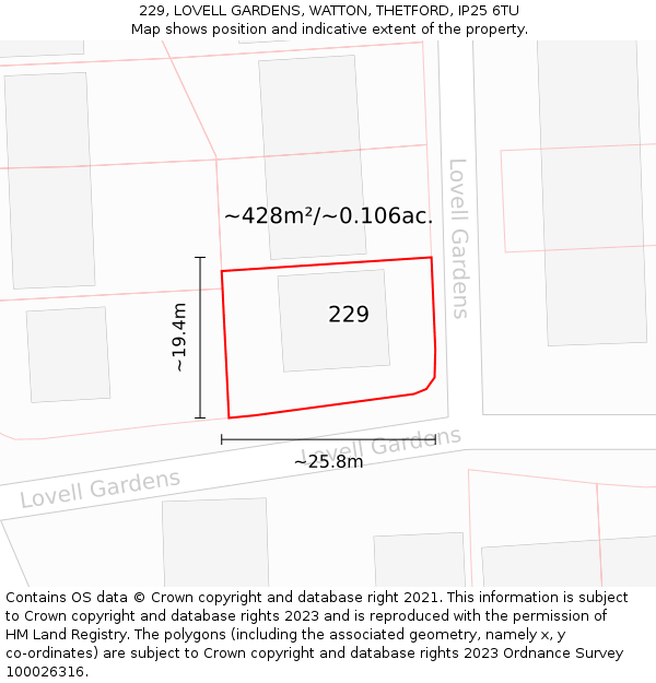 229, LOVELL GARDENS, WATTON, THETFORD, IP25 6TU: Plot and title map