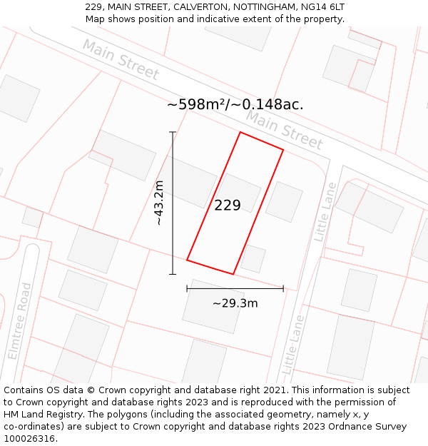 229, MAIN STREET, CALVERTON, NOTTINGHAM, NG14 6LT: Plot and title map