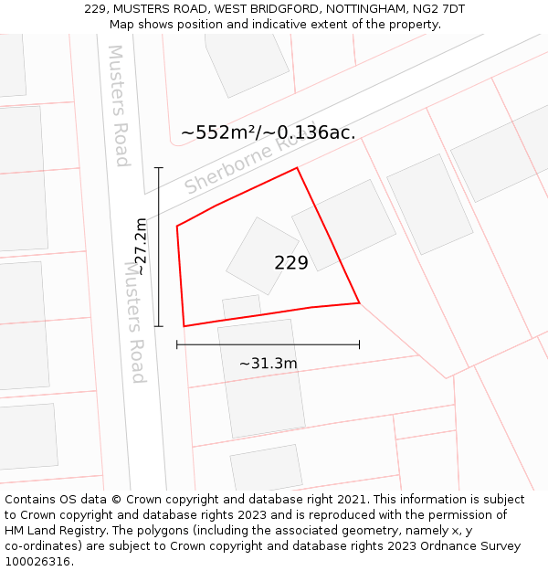 229, MUSTERS ROAD, WEST BRIDGFORD, NOTTINGHAM, NG2 7DT: Plot and title map