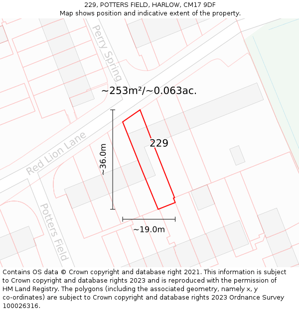 229, POTTERS FIELD, HARLOW, CM17 9DF: Plot and title map