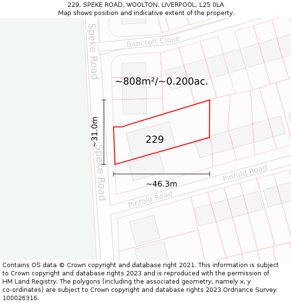 229, SPEKE ROAD, WOOLTON, LIVERPOOL, L25 0LA: Plot and title map
