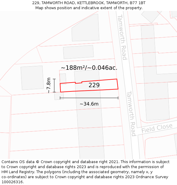 229, TAMWORTH ROAD, KETTLEBROOK, TAMWORTH, B77 1BT: Plot and title map