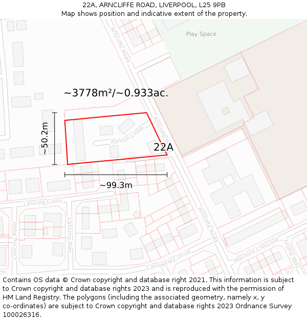 22A, ARNCLIFFE ROAD, LIVERPOOL, L25 9PB: Plot and title map