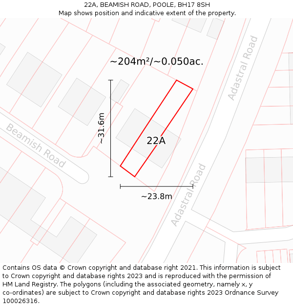 22A, BEAMISH ROAD, POOLE, BH17 8SH: Plot and title map