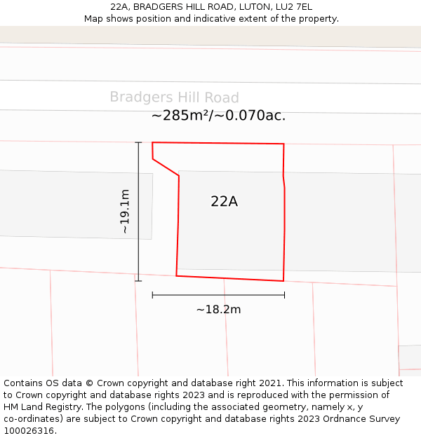 22A, BRADGERS HILL ROAD, LUTON, LU2 7EL: Plot and title map