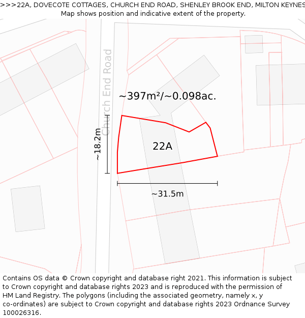 22A, DOVECOTE COTTAGES, CHURCH END ROAD, SHENLEY BROOK END, MILTON KEYNES, MK5 7AA: Plot and title map