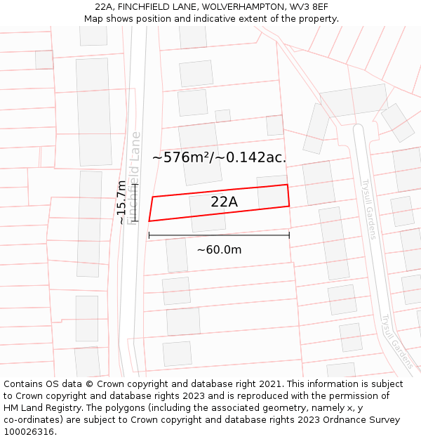 22A, FINCHFIELD LANE, WOLVERHAMPTON, WV3 8EF: Plot and title map