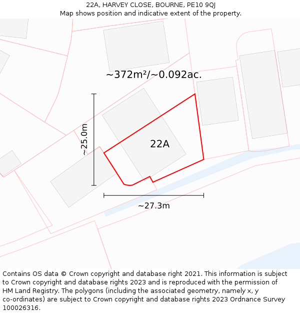 22A, HARVEY CLOSE, BOURNE, PE10 9QJ: Plot and title map