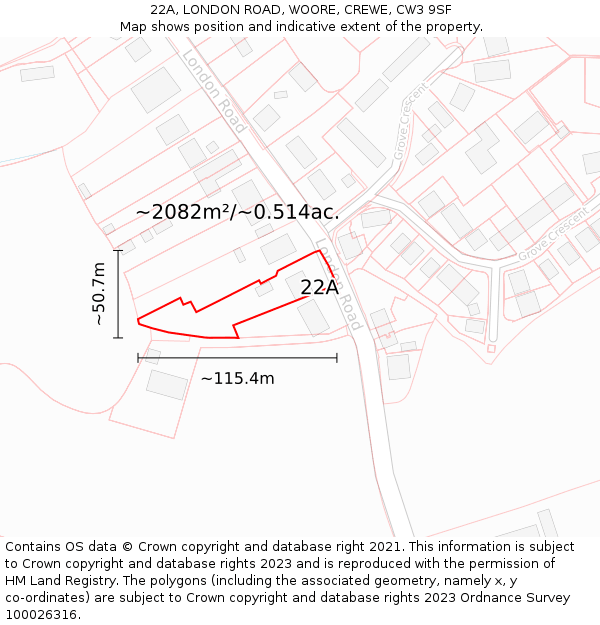 22A, LONDON ROAD, WOORE, CREWE, CW3 9SF: Plot and title map