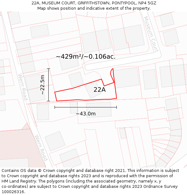 22A, MUSEUM COURT, GRIFFITHSTOWN, PONTYPOOL, NP4 5GZ: Plot and title map