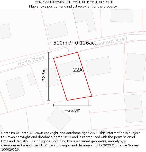 22A, NORTH ROAD, WILLITON, TAUNTON, TA4 4SN: Plot and title map