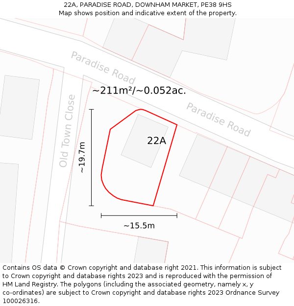 22A, PARADISE ROAD, DOWNHAM MARKET, PE38 9HS: Plot and title map