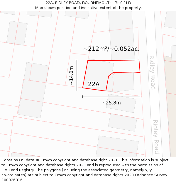 22A, RIDLEY ROAD, BOURNEMOUTH, BH9 1LD: Plot and title map