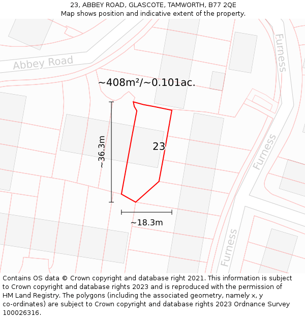 23, ABBEY ROAD, GLASCOTE, TAMWORTH, B77 2QE: Plot and title map