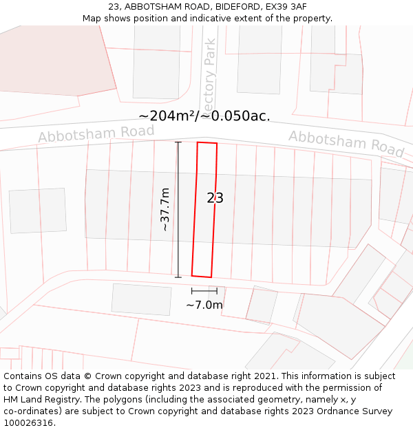 23, ABBOTSHAM ROAD, BIDEFORD, EX39 3AF: Plot and title map