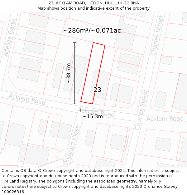 23, ACKLAM ROAD, HEDON, HULL, HU12 8NA: Plot and title map