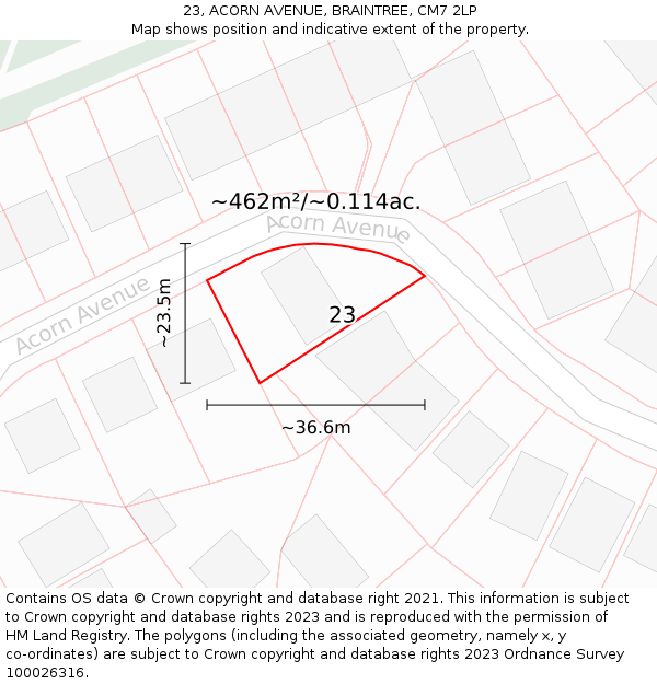 23, ACORN AVENUE, BRAINTREE, CM7 2LP: Plot and title map