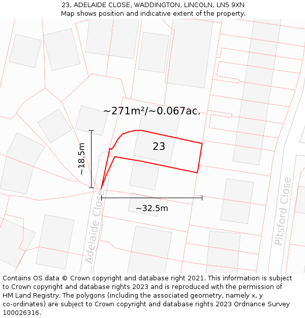 23, ADELAIDE CLOSE, WADDINGTON, LINCOLN, LN5 9XN: Plot and title map
