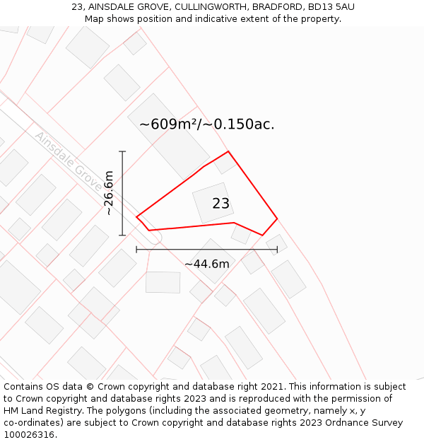 23, AINSDALE GROVE, CULLINGWORTH, BRADFORD, BD13 5AU: Plot and title map