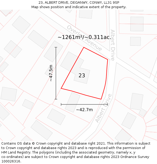 23, ALBERT DRIVE, DEGANWY, CONWY, LL31 9SP: Plot and title map