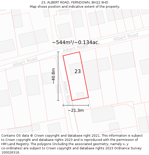 23, ALBERT ROAD, FERNDOWN, BH22 9HD: Plot and title map