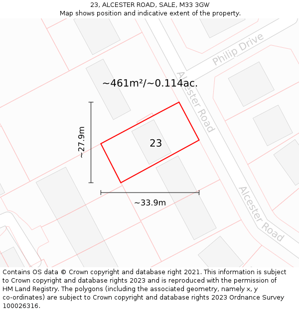 23, ALCESTER ROAD, SALE, M33 3GW: Plot and title map