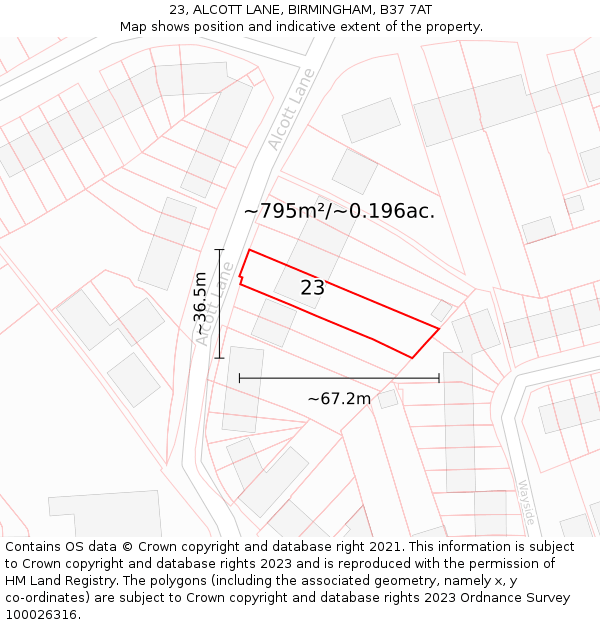 23, ALCOTT LANE, BIRMINGHAM, B37 7AT: Plot and title map