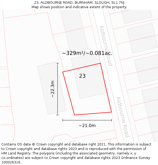 23, ALDBOURNE ROAD, BURNHAM, SLOUGH, SL1 7NJ: Plot and title map