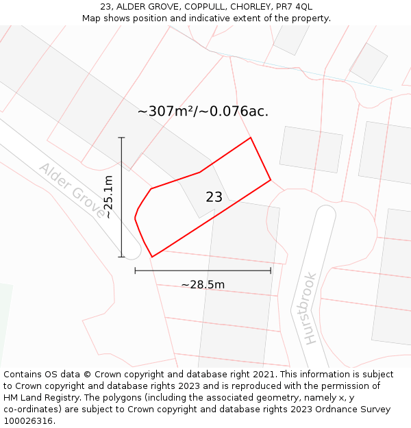 23, ALDER GROVE, COPPULL, CHORLEY, PR7 4QL: Plot and title map