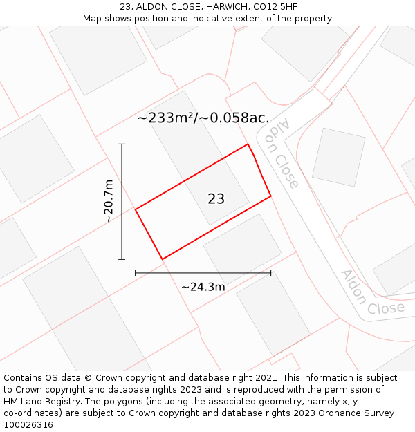 23, ALDON CLOSE, HARWICH, CO12 5HF: Plot and title map