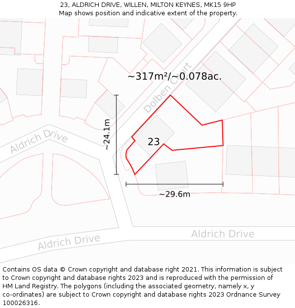 23, ALDRICH DRIVE, WILLEN, MILTON KEYNES, MK15 9HP: Plot and title map