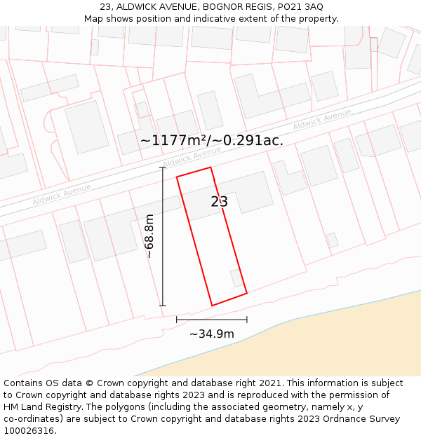 23, ALDWICK AVENUE, BOGNOR REGIS, PO21 3AQ: Plot and title map